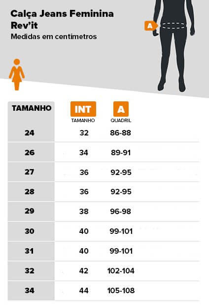Tabela de medidas calça Revit feminina jenas